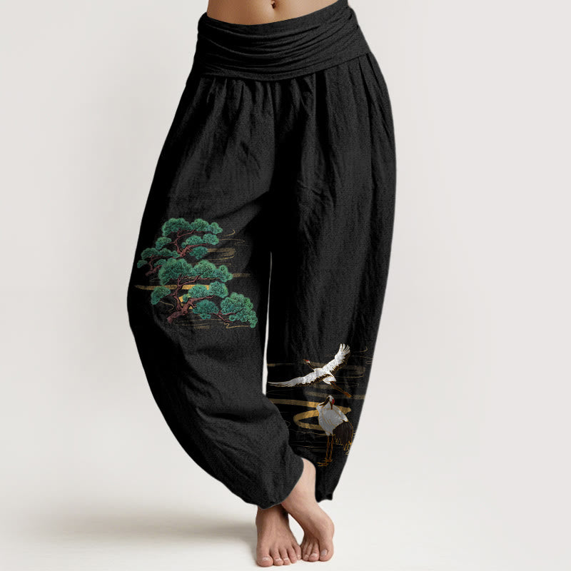 Buddha Stones Haremshose aus reiner Baumwolle in eleganten Farben mit Kiefern- und Kranichmuster sowie elastischem Bund für Damen - Schwarz - US16, UK/AU20, EU48 (3XL) - image 5