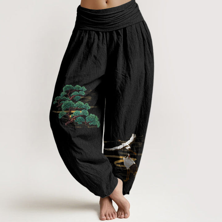 Buddha Stones Haremshose aus reiner Baumwolle in eleganten Farben mit Kiefern- und Kranichmuster sowie elastischem Bund für Damen - Schwarz - US16, UK/AU20, EU48 (3XL) - image 5