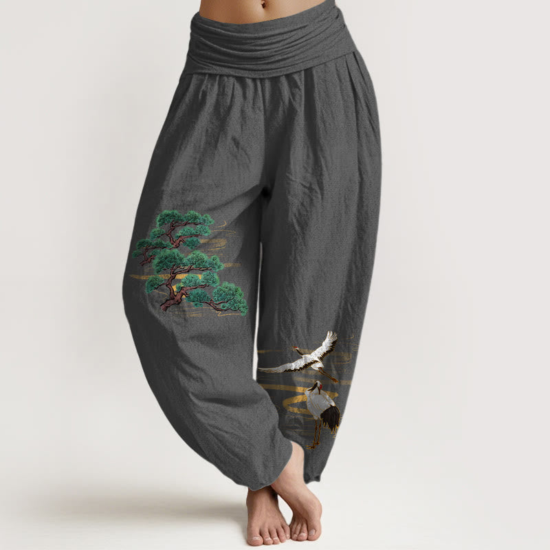 Buddha Stones Haremshose aus reiner Baumwolle in eleganten Farben mit Kiefern- und Kranichmuster sowie elastischem Bund für Damen - DimGray - US16, UK/AU20, EU48 (3XL) - image 11
