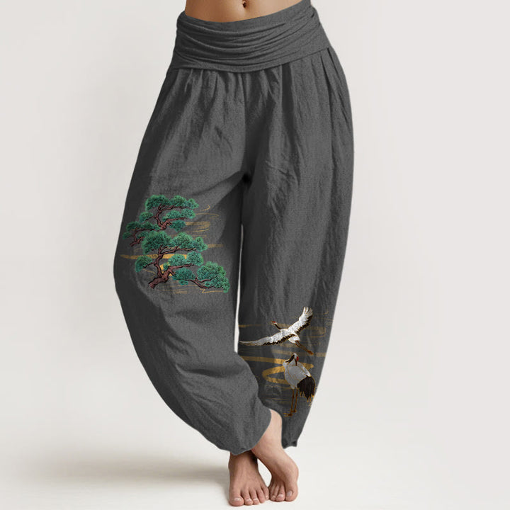 Buddha Stones Haremshose aus reiner Baumwolle in eleganten Farben mit Kiefern- und Kranichmuster sowie elastischem Bund für Damen - DimGray - US16, UK/AU20, EU48 (3XL) - image 11