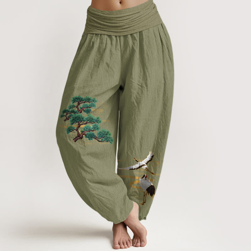 Buddha Stones Haremshose aus reiner Baumwolle in eleganten Farben mit Kiefern- und Kranichmuster sowie elastischem Bund für Damen - Olivgrün - US16, UK/AU20, EU48 (3XL) - image 14