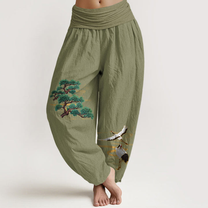 Buddha Stones Haremshose aus reiner Baumwolle in eleganten Farben mit Kiefern- und Kranichmuster sowie elastischem Bund für Damen - Olivgrün - US16, UK/AU20, EU48 (3XL) - image 14