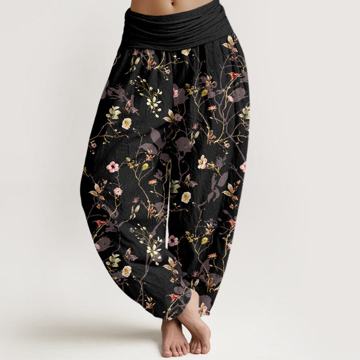 Buddha Stones, reine Baumwolle, Retro-Blumen-, Blätter- und Zweigmuster, Damen-Haremshose mit elastischem Bund. - Schwarz - US16, UK/AU20, EU48 (3XL) - image 0