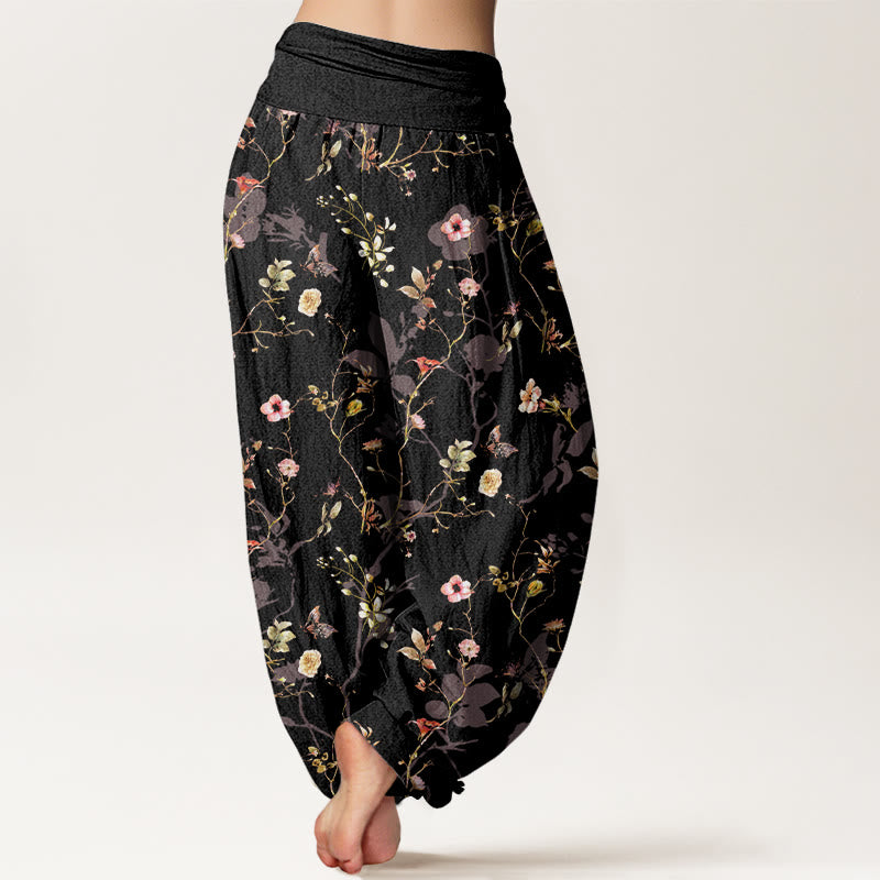 Buddha Stones, reine Baumwolle, Retro-Blumen-, Blätter- und Zweigmuster, Damen-Haremshose mit elastischem Bund. - image 1
