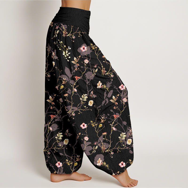 Buddha Stones, reine Baumwolle, Retro-Blumen-, Blätter- und Zweigmuster, Damen-Haremshose mit elastischem Bund. - image 2