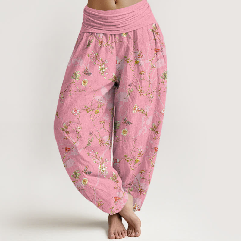 Buddha Stones, reine Baumwolle, Retro-Blumen-, Blätter- und Zweigmuster, Damen-Haremshose mit elastischem Bund. - Knallpink - US16, UK/AU20, EU48 (3XL) - image 8