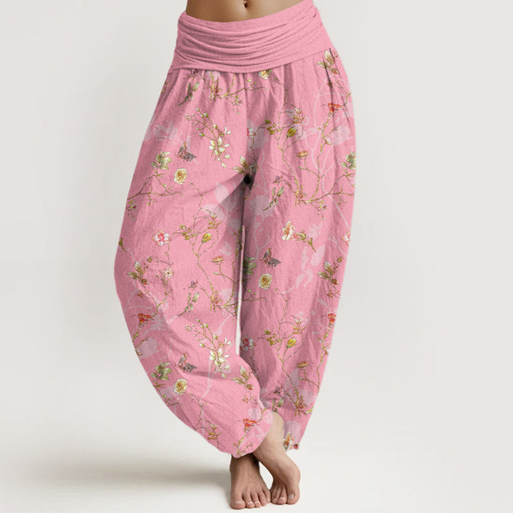 Buddha Stones, reine Baumwolle, Retro-Blumen-, Blätter- und Zweigmuster, Damen-Haremshose mit elastischem Bund. - Knallpink - US16, UK/AU20, EU48 (3XL) - image 8