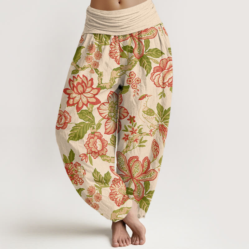 Buddha Stones, reine Baumwolle, kräftige Farben, Blumen-, Blätter-, Zweig- und Vogelmuster, Damen-Haremshose mit elastischem Bund. - Zitronen-Chiffon - US16, UK/AU20, EU48 (3XL) - image 0