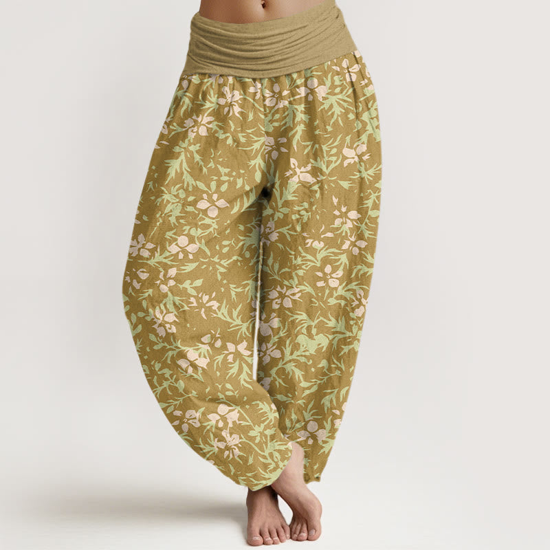 Buddha Stones Haremshose aus reiner Baumwolle mit abstraktem Blumen- und Blättermuster, elastischem Bund für Damen - Goldrute - US16, UK/AU20, EU48 (3XL) - image 0