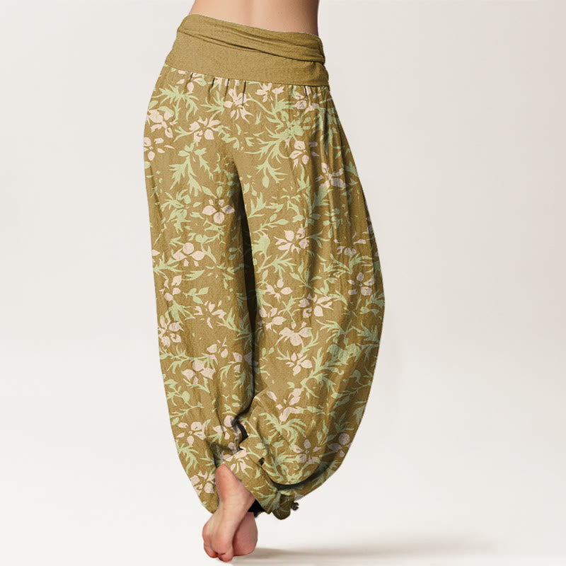 Buddha Stones Haremshose aus reiner Baumwolle mit abstraktem Blumen- und Blättermuster, elastischem Bund für Damen - image 1