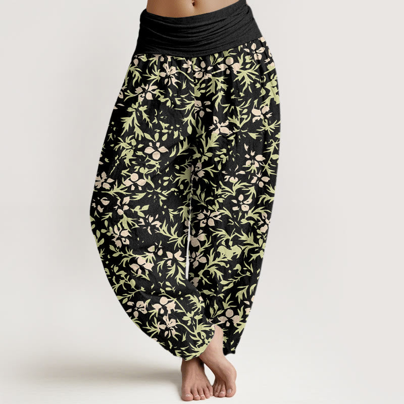 Buddha Stones Haremshose aus reiner Baumwolle mit abstraktem Blumen- und Blättermuster, elastischem Bund für Damen - Schwarz - US16, UK/AU20, EU48 (3XL) - image 8