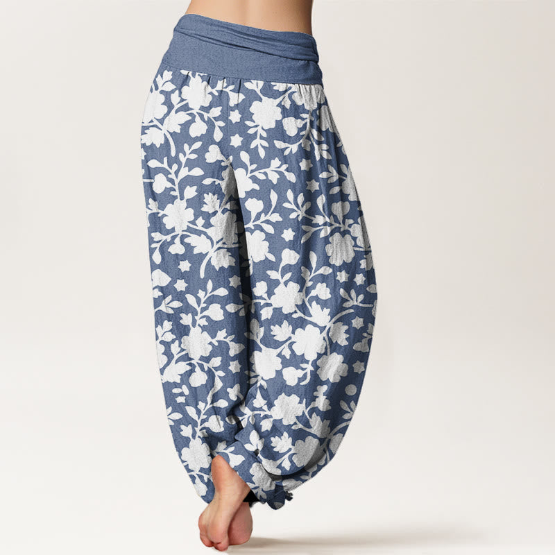 Haremshose für Damen aus reiner Baumwolle mit Buddha Stones, weißen Blumen, Blättern und Sternenmuster sowie elastischem Bund. - image 1