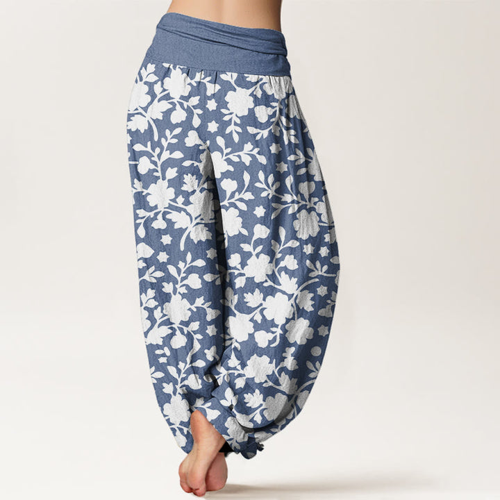 Haremshose für Damen aus reiner Baumwolle mit Buddha Stones, weißen Blumen, Blättern und Sternenmuster sowie elastischem Bund. - image 1