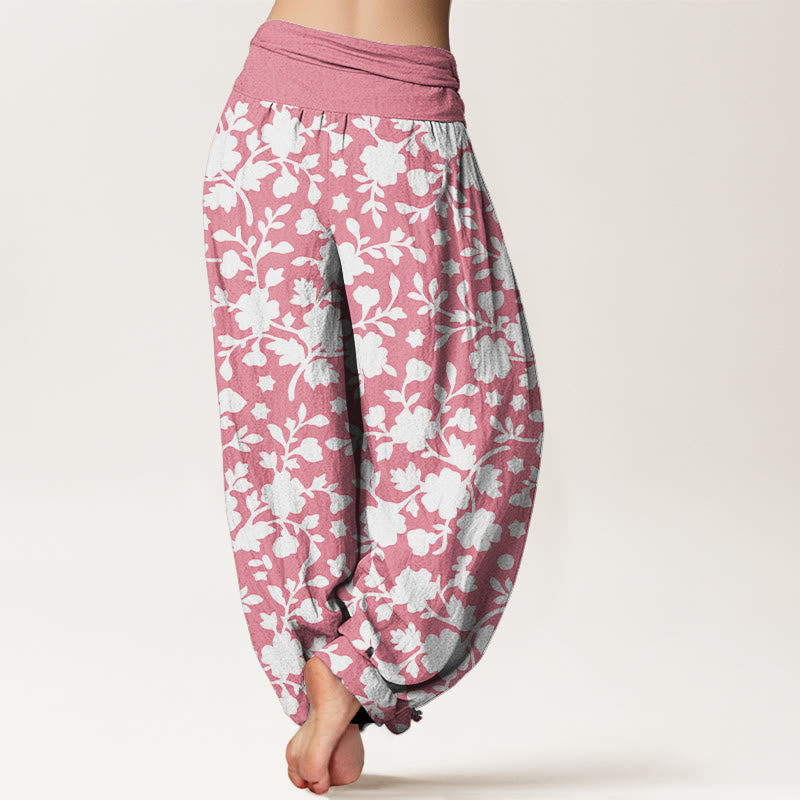 Haremshose für Damen aus reiner Baumwolle mit Buddha Stones, weißen Blumen, Blättern und Sternenmuster sowie elastischem Bund. - image 6