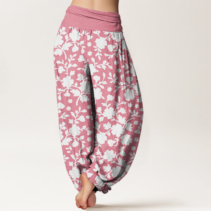 Haremshose für Damen aus reiner Baumwolle mit Buddha Stones, weißen Blumen, Blättern und Sternenmuster sowie elastischem Bund. - image 6