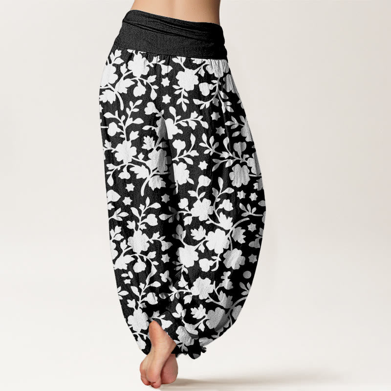 Haremshose für Damen aus reiner Baumwolle mit Buddha Stones, weißen Blumen, Blättern und Sternenmuster sowie elastischem Bund. - image 9