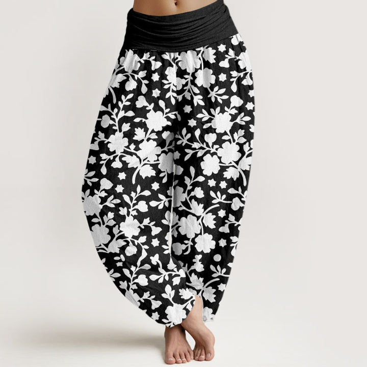 Haremshose für Damen aus reiner Baumwolle mit Buddha Stones, weißen Blumen, Blättern und Sternenmuster sowie elastischem Bund. - Schwarz - US16, UK/AU20, EU48 (3XL) - image 8