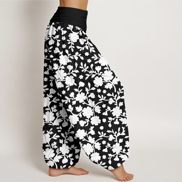 Haremshose für Damen aus reiner Baumwolle mit Buddha Stones, weißen Blumen, Blättern und Sternenmuster sowie elastischem Bund. - image 10