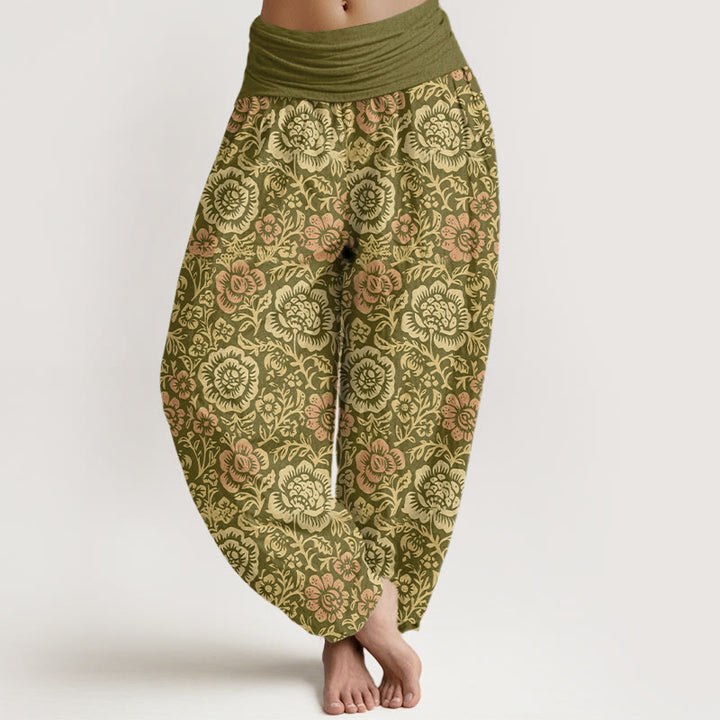 Buddha Stones Damen-Haremshose aus reiner Baumwolle mit Vintage-Blumenmuster im Landhausstil und elastischem Bund - Olive - US16, UK/AU20, EU48 (3XL) - image 0