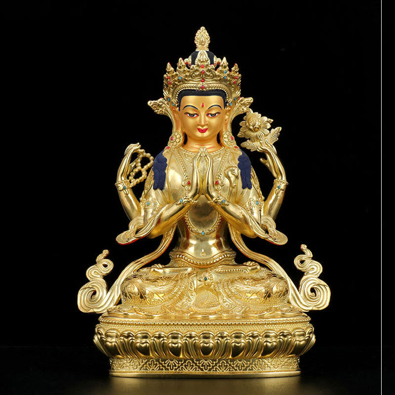 Chenrezig Vierarmige Avalokitesvara-Schutzstatue aus Kupfer, vergoldet, Dekoration - image 4