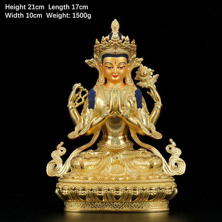 Chenrezig Vierarmige Avalokitesvara-Schutzstatue aus Kupfer, vergoldet, Dekoration - 7 Zoll - image 2