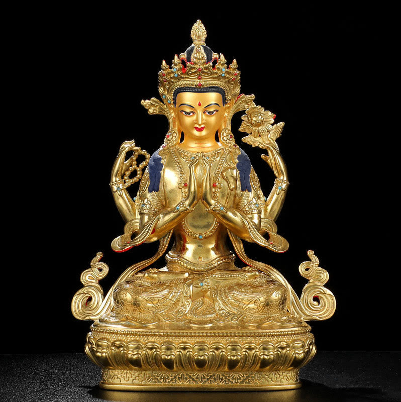 Chenrezig Vierarmige Avalokitesvara-Schutzstatue aus Kupfer, vergoldet, Dekoration - image 8