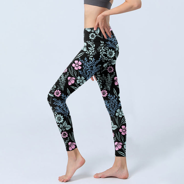 Leggings mit Buddha Stones Motiv, kräftigen Farben und kontrastreichem Blumen- und Blättermuster, Damen-Yogahose - image 2