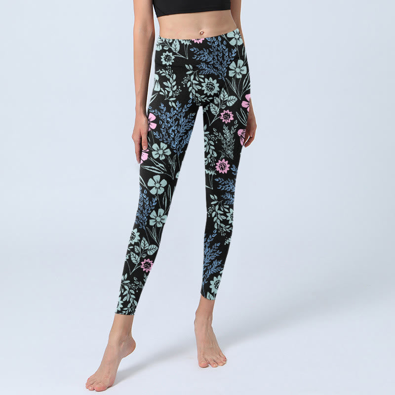 Leggings mit Buddha Stones Motiv, kräftigen Farben und kontrastreichem Blumen- und Blättermuster, Damen-Yogahose - image 5