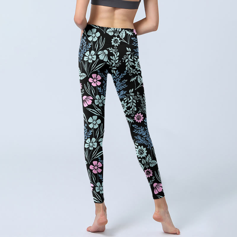 Leggings mit Buddha Stones Motiv, kräftigen Farben und kontrastreichem Blumen- und Blättermuster, Damen-Yogahose - image 6