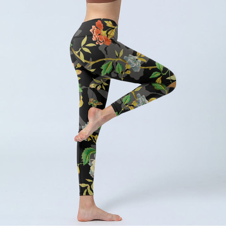 Leggings mit Buddha Stones, Blumen-, Blatt-, Schmetterlings- und Vogelmuster – Klassische Sportleggings für Damen, Yogahosen - image 3