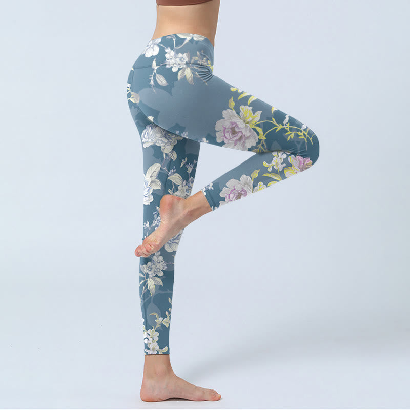 Leggings mit Buddha Stones Motiv, zartfarbigem Blumen- und Blattmuster, Damen-Yogahose - image 3