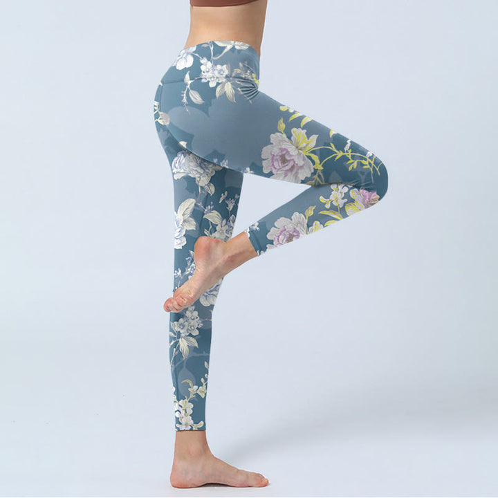 Leggings mit Buddha Stones Motiv, zartfarbigem Blumen- und Blattmuster, Damen-Yogahose - image 3