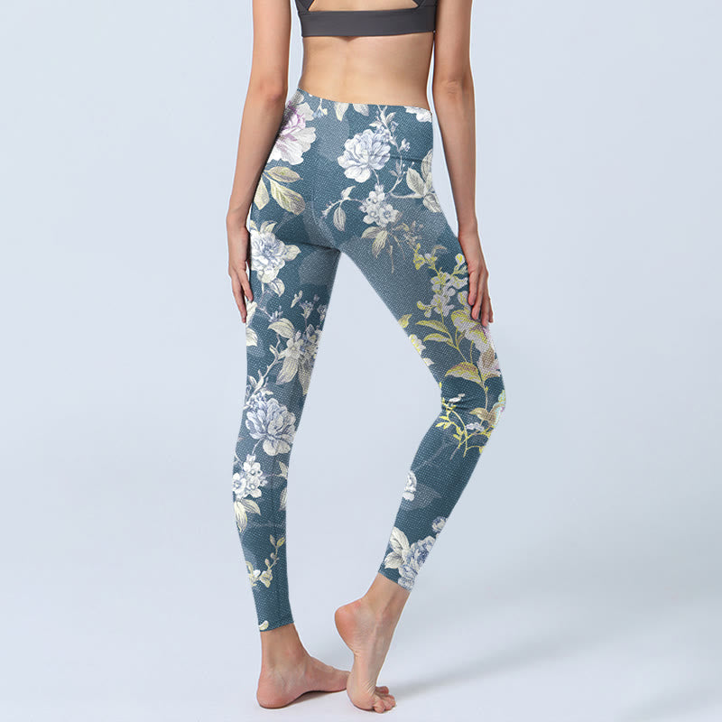 Leggings mit Buddha Stones Motiv, zartfarbigem Blumen- und Blattmuster, Damen-Yogahose - image 4