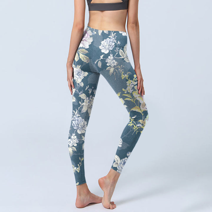 Leggings mit Buddha Stones Motiv, zartfarbigem Blumen- und Blattmuster, Damen-Yogahose - image 4