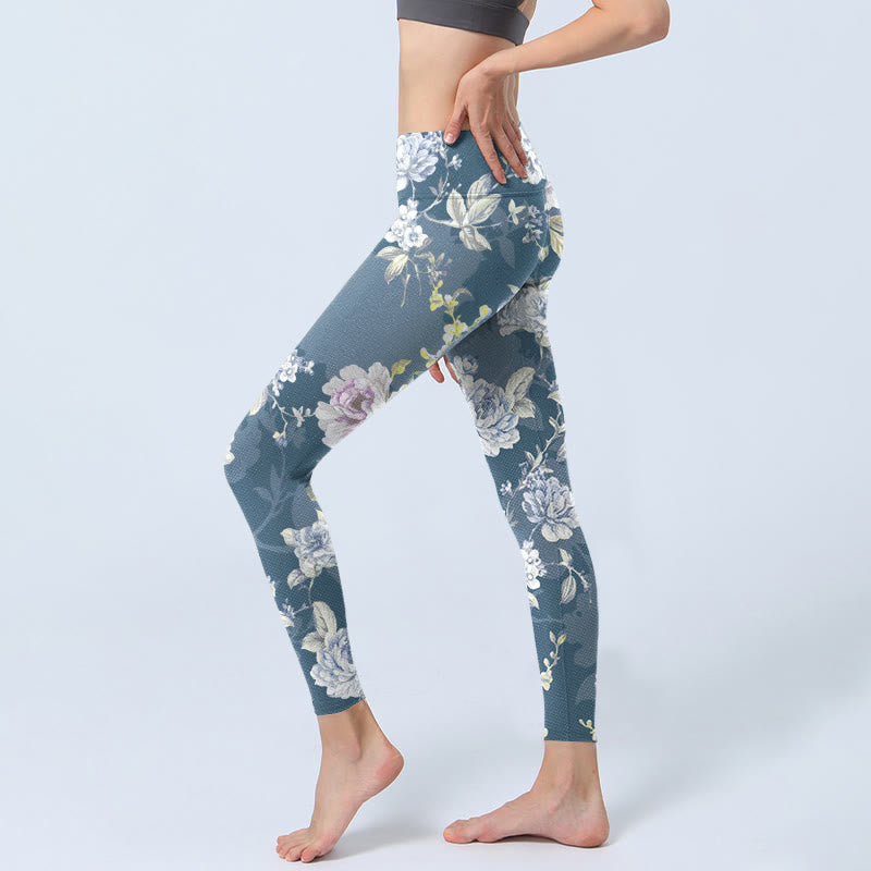 Leggings mit Buddha Stones Motiv, zartfarbigem Blumen- und Blattmuster, Damen-Yogahose - image 2