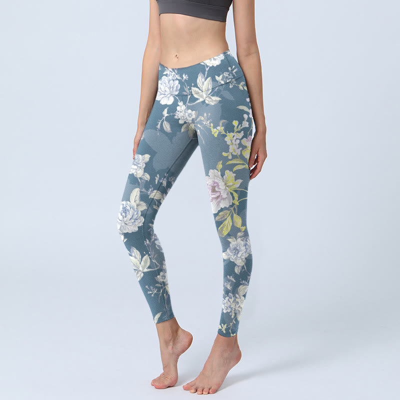 Leggings mit Buddha Stones Motiv, zartfarbigem Blumen- und Blattmuster, Damen-Yogahose - SteelBlue - US18, UK/AU22, EU50 (4XL) - image 0