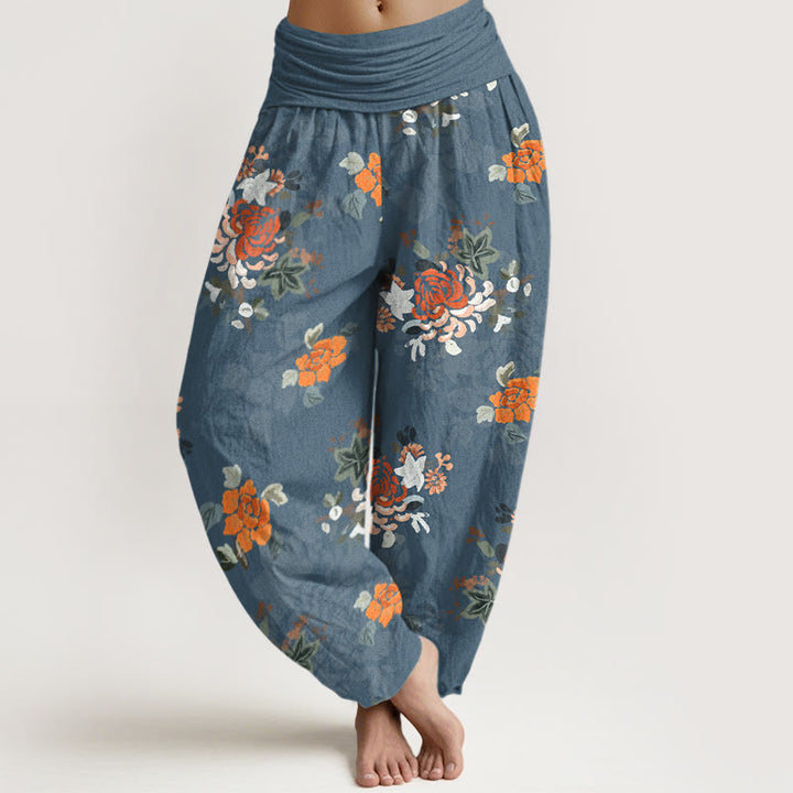 Buddha Stones Haremshose aus reiner Baumwolle mit farbenfrohem Blumen- und Blättermuster, elastischem Bund für Damen - SteelBlue - US16, UK/AU20, EU48 (3XL) - image 0
