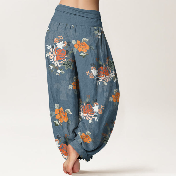 Buddha Stones Haremshose aus reiner Baumwolle mit farbenfrohem Blumen- und Blättermuster, elastischem Bund für Damen - image 1