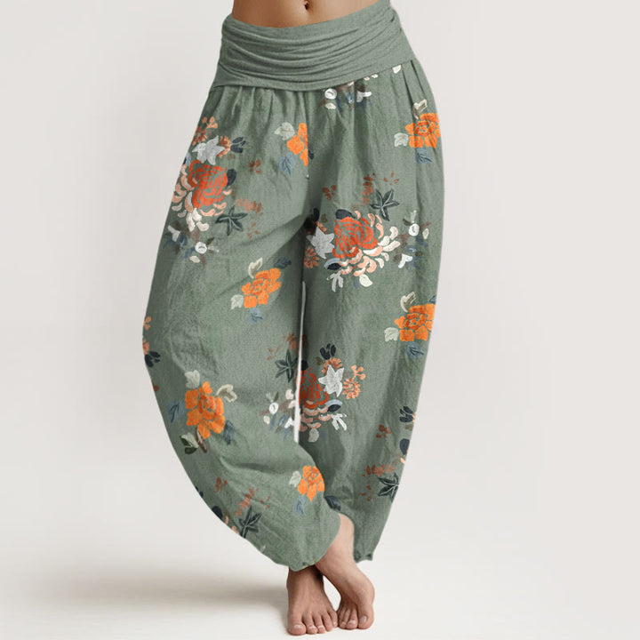 Buddha Stones Haremshose aus reiner Baumwolle mit farbenfrohem Blumen- und Blättermuster, elastischem Bund für Damen - Dunkelmeergrün - US16, UK/AU20, EU48 (3XL) - image 5