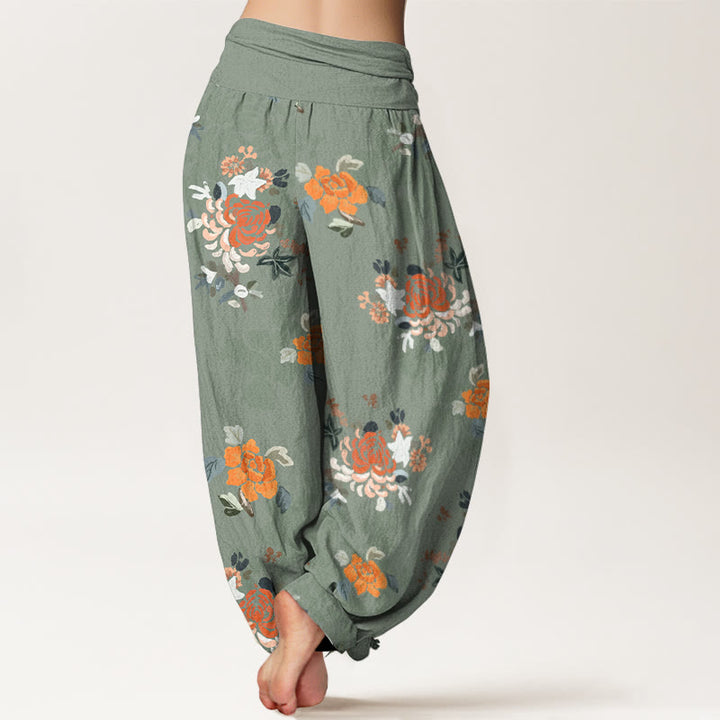 Buddha Stones Haremshose aus reiner Baumwolle mit farbenfrohem Blumen- und Blättermuster, elastischem Bund für Damen - image 6
