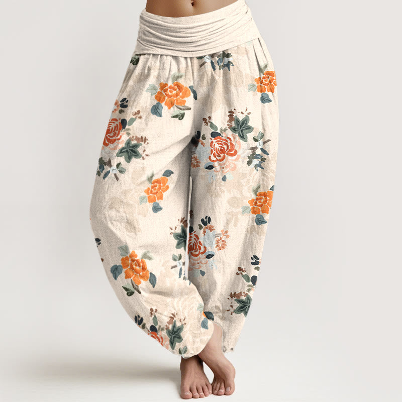 Buddha Stones Haremshose aus reiner Baumwolle mit farbenfrohem Blumen- und Blättermuster, elastischem Bund für Damen - Papaya-Sahne - US16, UK/AU20, EU48 (3XL) - image 8