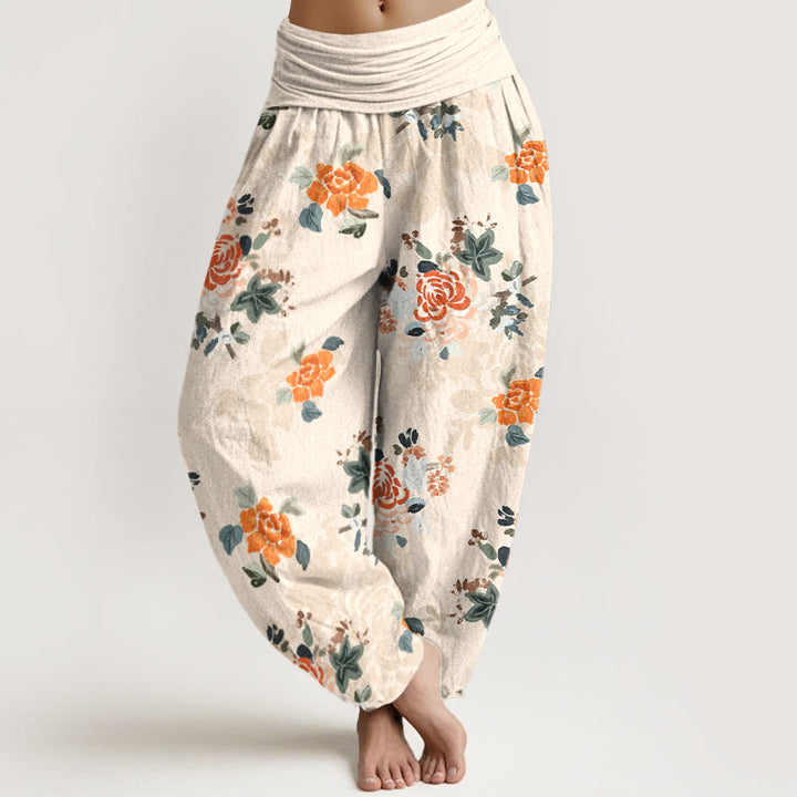 Buddha Stones Haremshose aus reiner Baumwolle mit farbenfrohem Blumen- und Blättermuster, elastischem Bund für Damen - Papaya-Sahne - US16, UK/AU20, EU48 (3XL) - image 8