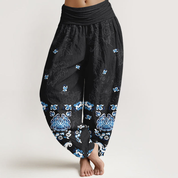 Buddha Stones Haremshose aus reiner Baumwolle mit elegantem, klassischem Blumen- und Schmetterlingsmuster sowie elastischem Bund für Damen - Schwarz - US16, UK/AU20, EU48 (3XL) - image 0