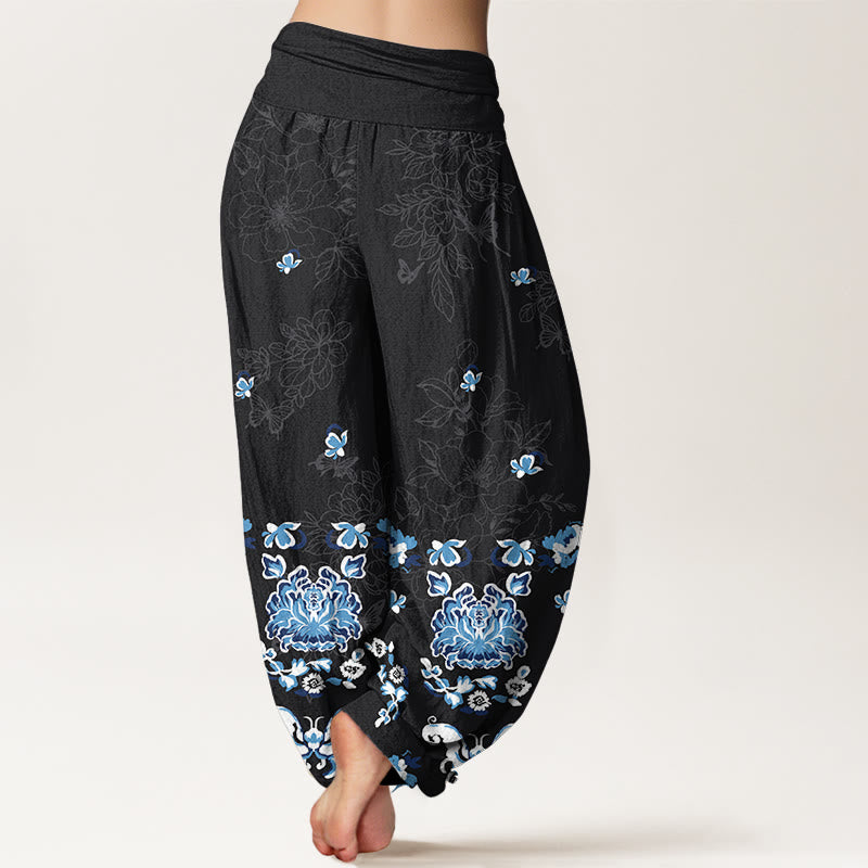 Buddha Stones Haremshose aus reiner Baumwolle mit elegantem, klassischem Blumen- und Schmetterlingsmuster sowie elastischem Bund für Damen - image 1