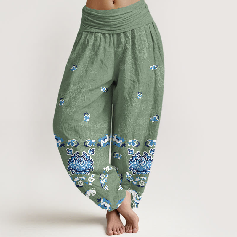 Buddha Stones Haremshose aus reiner Baumwolle mit elegantem, klassischem Blumen- und Schmetterlingsmuster sowie elastischem Bund für Damen - Mittelseegrün - US16, UK/AU20, EU48 (3XL) - image 5