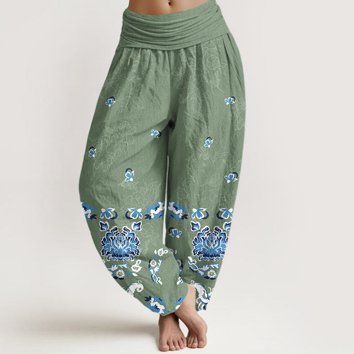 Buddha Stones Haremshose aus reiner Baumwolle mit elegantem, klassischem Blumen- und Schmetterlingsmuster sowie elastischem Bund für Damen - Mittelseegrün - US16, UK/AU20, EU48 (3XL) - image 5