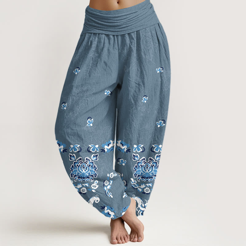 Buddha Stones Haremshose aus reiner Baumwolle mit elegantem, klassischem Blumen- und Schmetterlingsmuster sowie elastischem Bund für Damen - SteelBlue - US16, UK/AU20, EU48 (3XL) - image 8