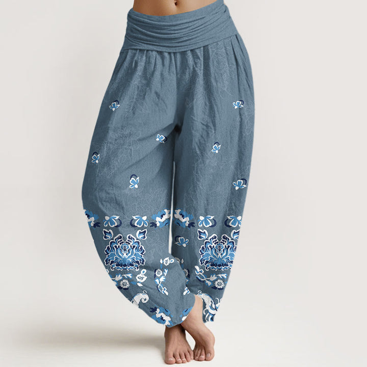 Buddha Stones Haremshose aus reiner Baumwolle mit elegantem, klassischem Blumen- und Schmetterlingsmuster sowie elastischem Bund für Damen - SteelBlue - US16, UK/AU20, EU48 (3XL) - image 8