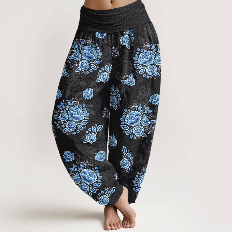 Buddha Stones Damen-Haremshose aus reiner Baumwolle mit blauem Blumenmuster und elastischem Bund - Schwarz - US16, UK/AU20, EU48 (3XL) - image 0