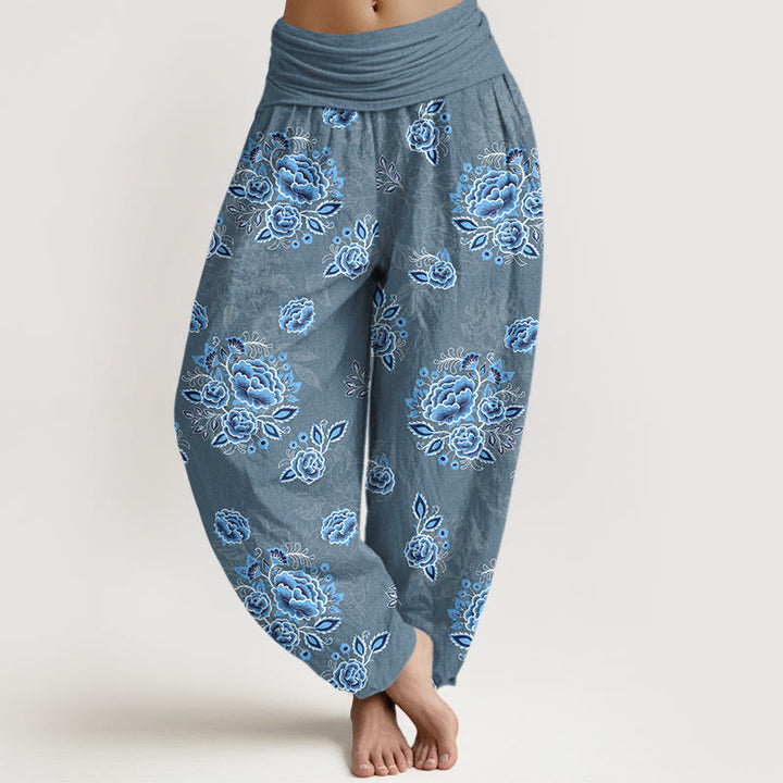 Buddha Stones Damen-Haremshose aus reiner Baumwolle mit blauem Blumenmuster und elastischem Bund - SteelBlue - US16, UK/AU20, EU48 (3XL) - image 8